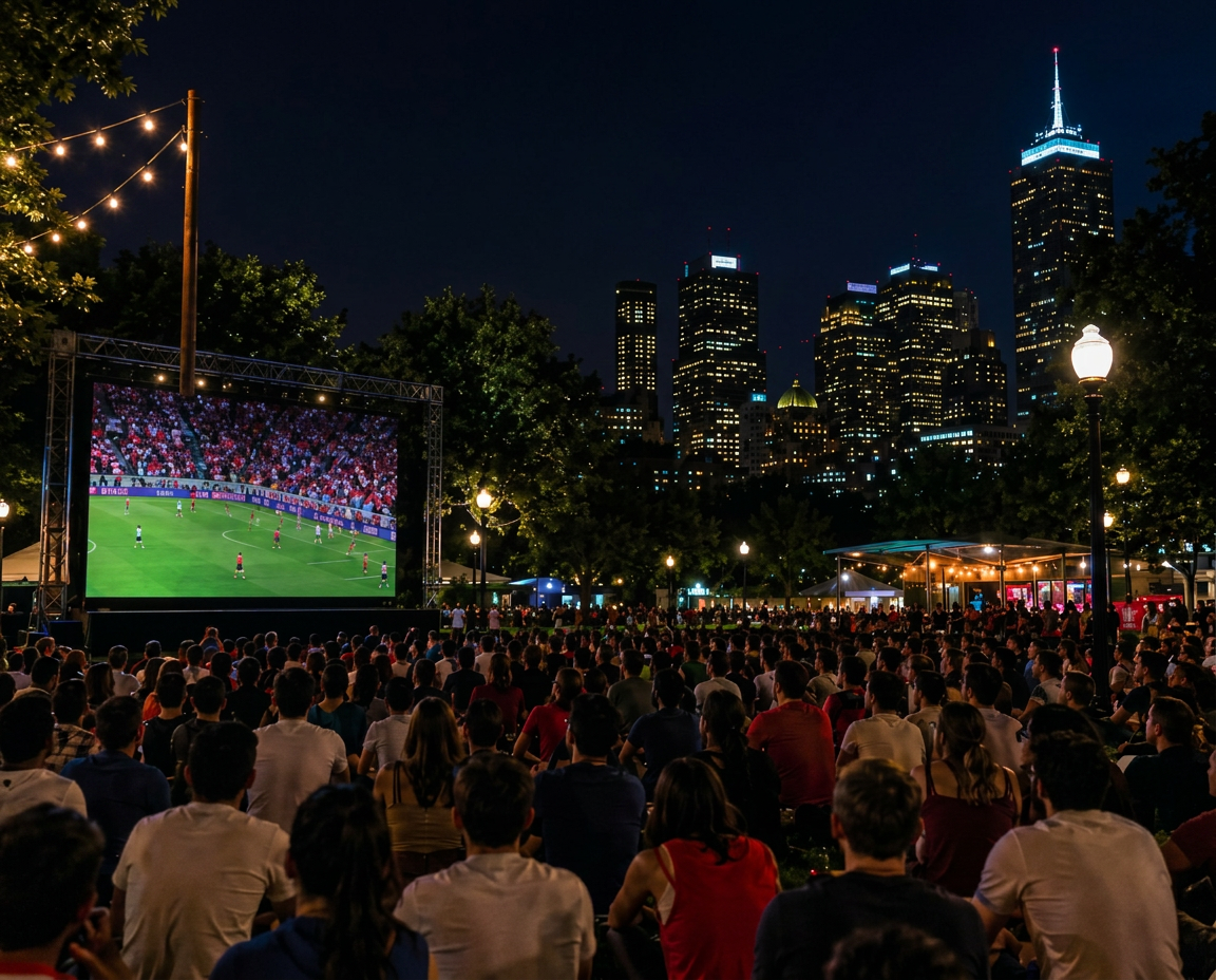 A vast nighttime crowd seated on Boston Common watching a World Cup match on a giant screen, the lit city skyline rising behind.